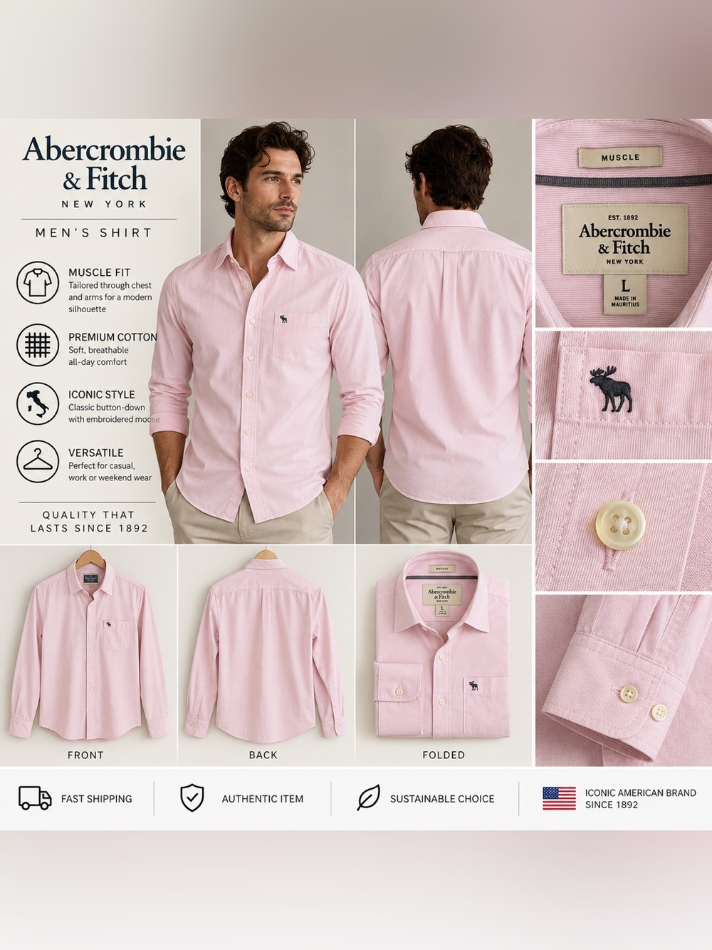 Abercrombie & Fitch Men's Button-Down Shirt - Light Pink
